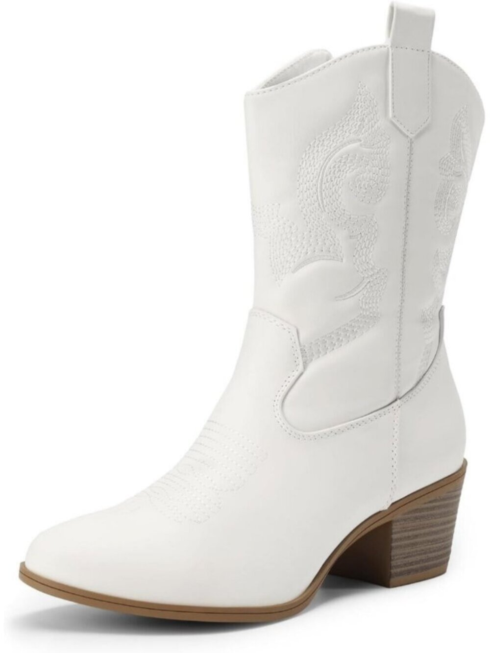 DREAM PAIRS Women's White Cowgirl Mid Calf Boots Round Toe Western Festive Boots